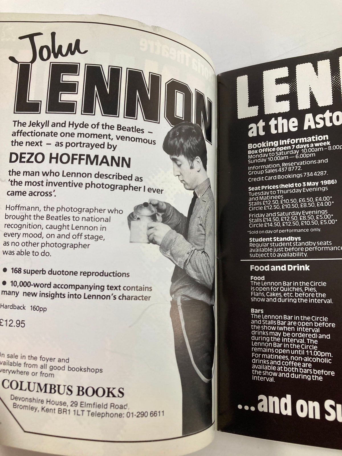 Inside page of the '1985 John Lennon at the Astoria Theatre by Bob Eaton' magazine showing John Lennon and details about the photographer Dezo Hoffmann along with booking information and pricing for the performance.