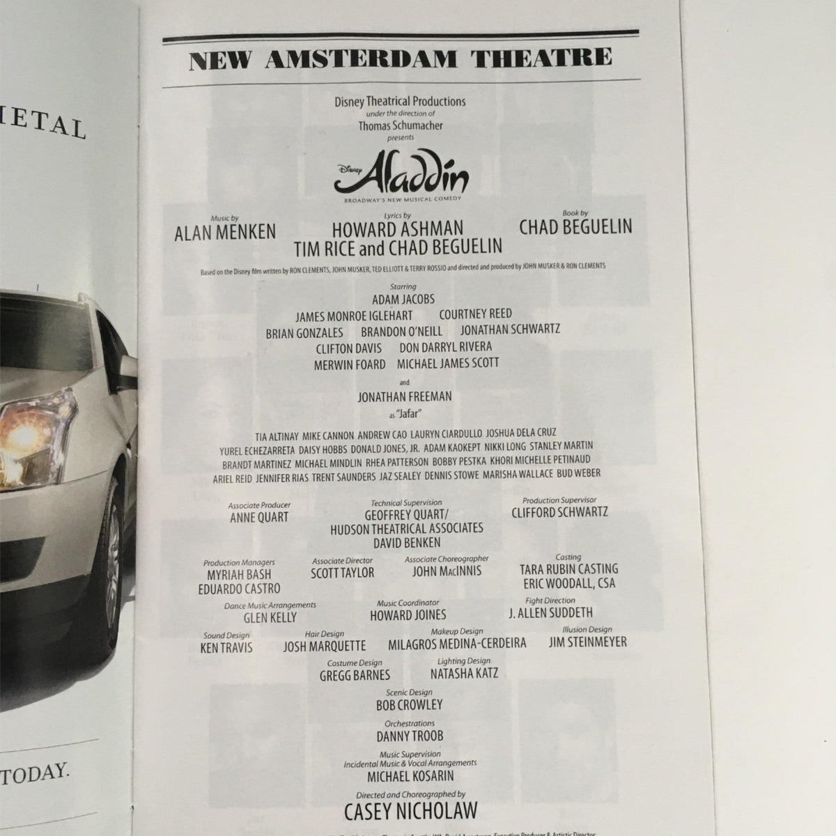2014 Showbill Disney's Aladdin by Casey Nicholaw at New Amsterdam Theatre - Credits page listing the production team and key contributors including Alan Menken and Howard Ashman.