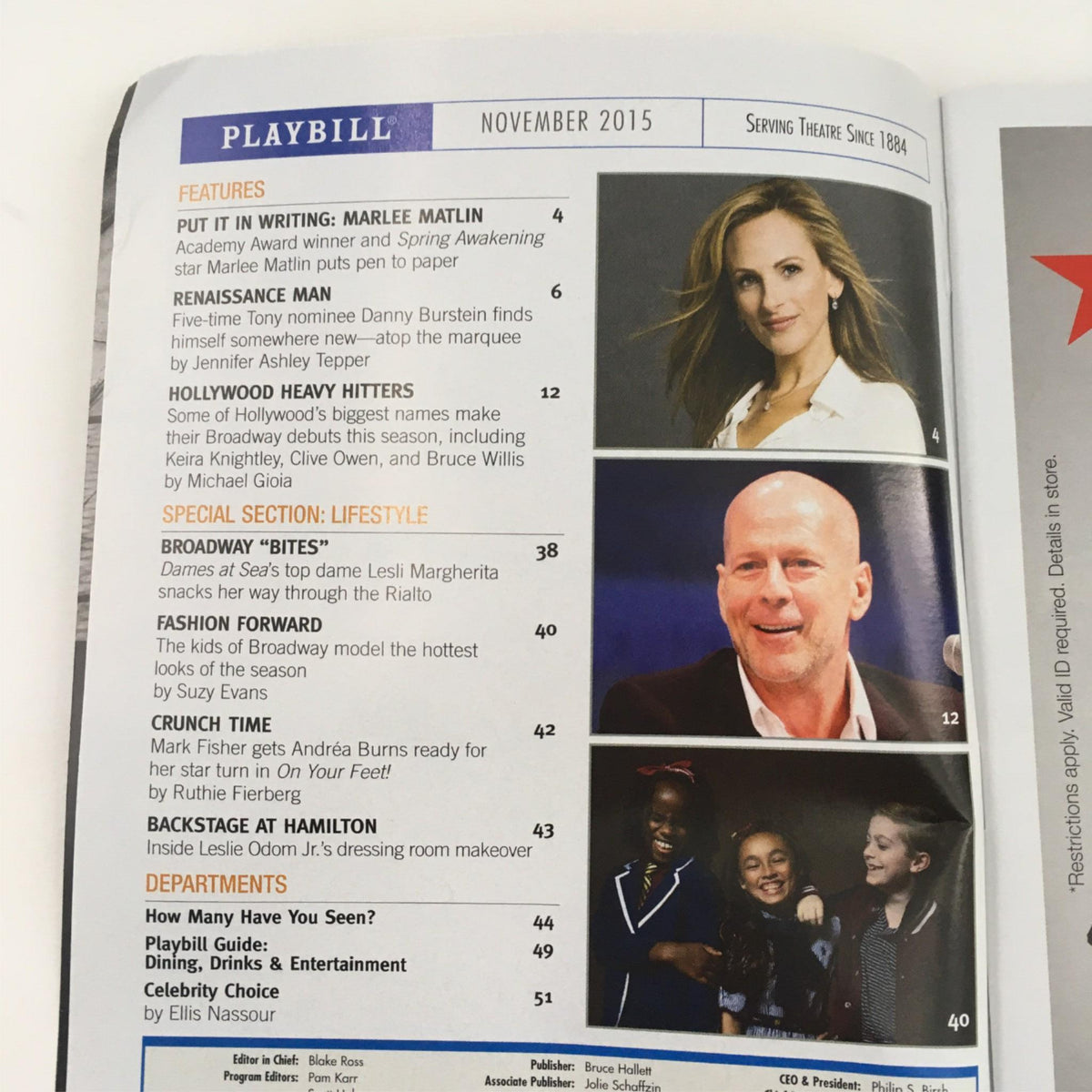 Inside page of the November 2015 Playbill showcasing features including Marlee Matlin, highlighting the arts section and Broadway events.