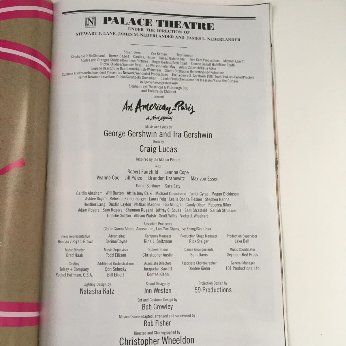 Back page of the 2015 Playbill for An American in Paris listing production details, including cast and creative team at the Palace Theatre.