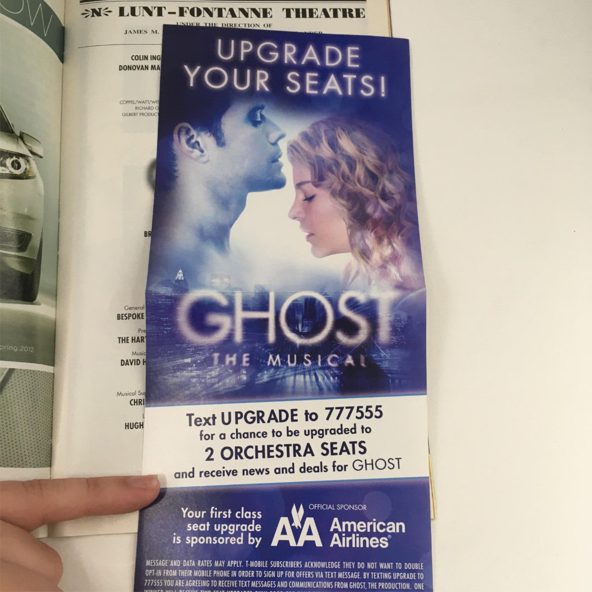 Promotional material for the 2012 Playbill Ghost The Musical, offering a chance to upgrade to orchestra seats at Lunt-Fontanne Theatre.