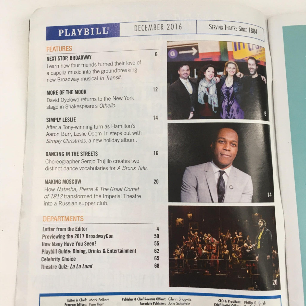 Inside page of the 2016 Playbill for Dear Evan Hansen highlighting upcoming Broadway features and a section about the show.