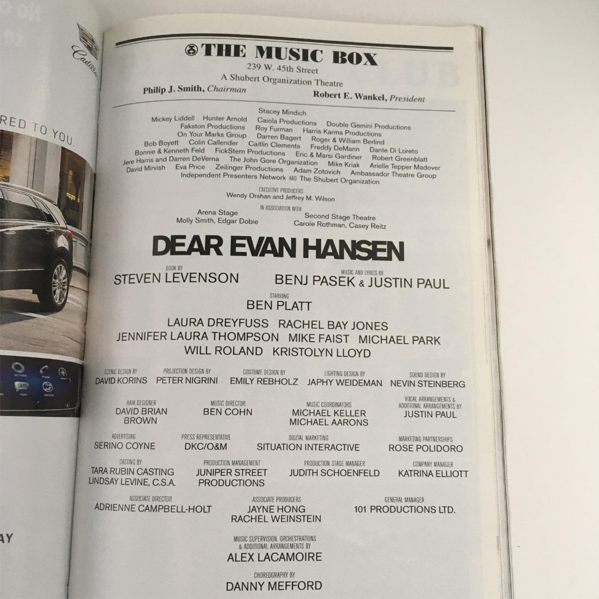 Detailed page from the 2016 Playbill for Dear Evan Hansen listing the cast and creative team at The Music Box.