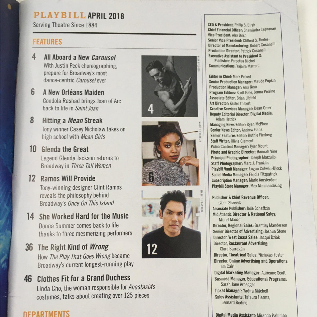 Inside page of the 2018 Playbill for My Fair Lady, showcasing features and articles related to theater, from April 2018.