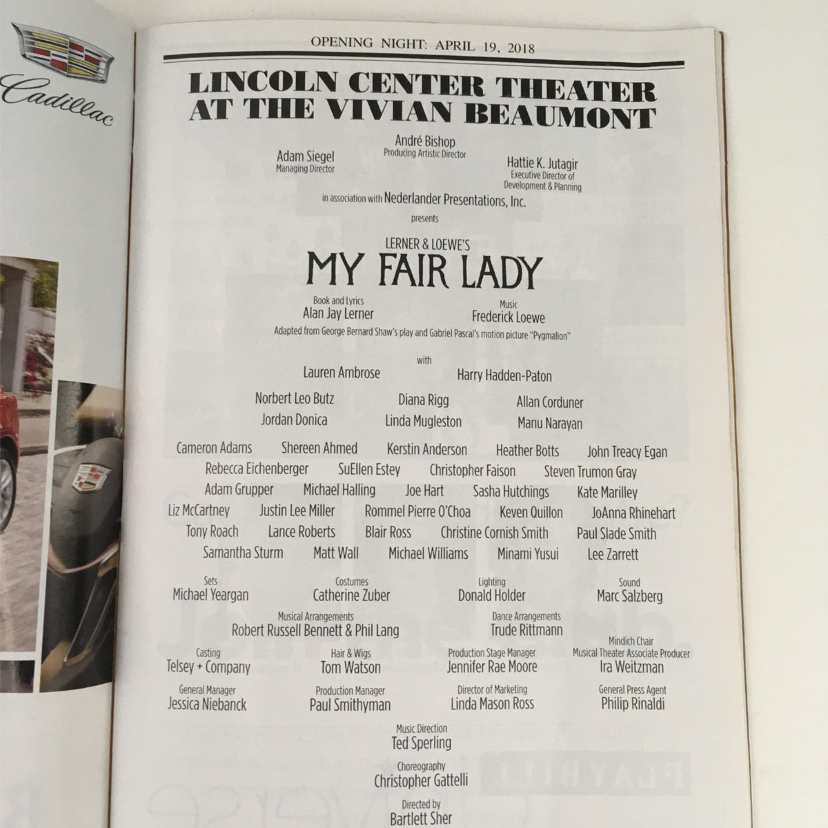 Cast and production team details for My Fair Lady in the 2018 Playbill, highlighting contributions from Lerner & Loewe at Lincoln Center Theatre.