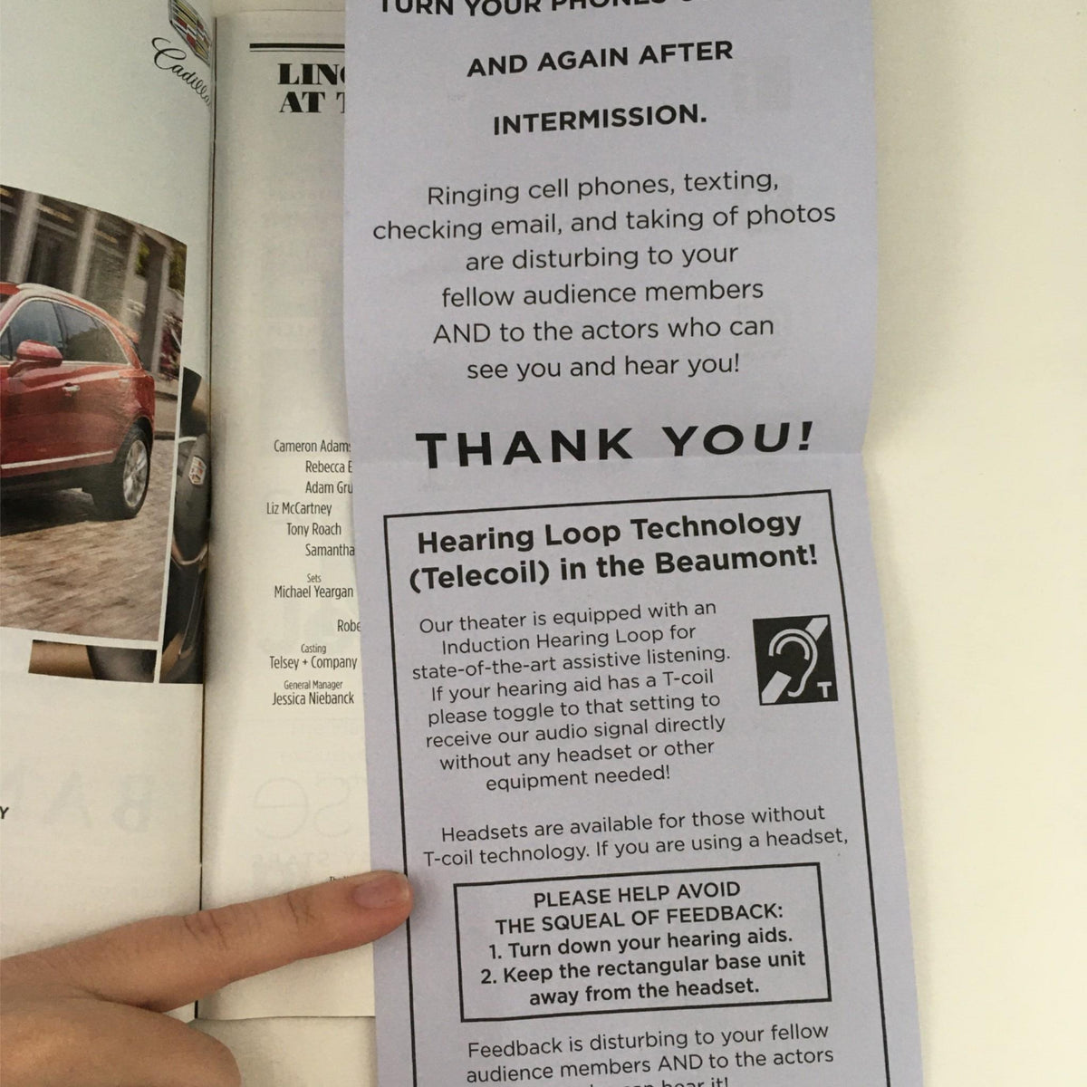 2018 Playbill My Fair Lady - Instructional page on theater etiquette and hearing loop technology at Lincoln Center Theatre, highlighting the importance of turning off cell phones and other audience considerations.
