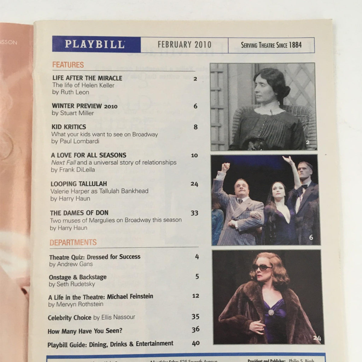 Inside view of the 2010 Playbill for Hair by Diane Paulus, displaying the February 2010 features and articles related to the theatre.