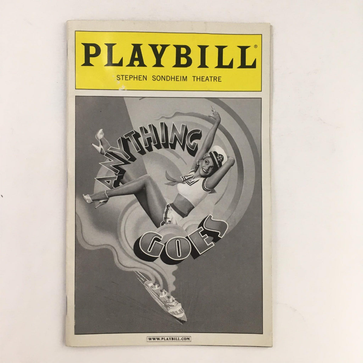 2011 Playbill for 'Anything Goes' by Kathleen Marshall at Stephen Sondheim Theatre featuring a vintage cover design with a dancer in nautical attire.