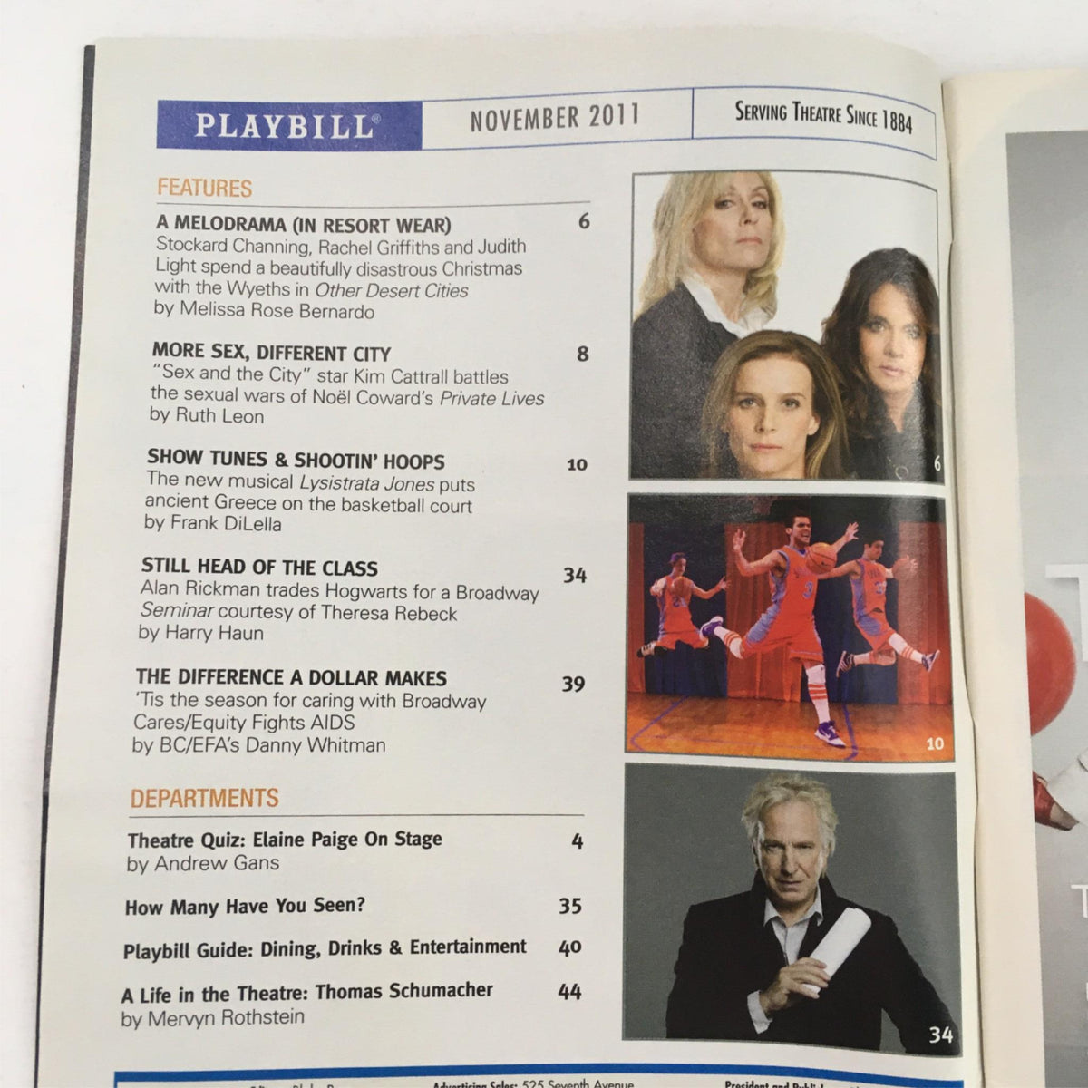 Inside pages of the 2011 Playbill for 'Anything Goes', including featured articles and images from the November issue.