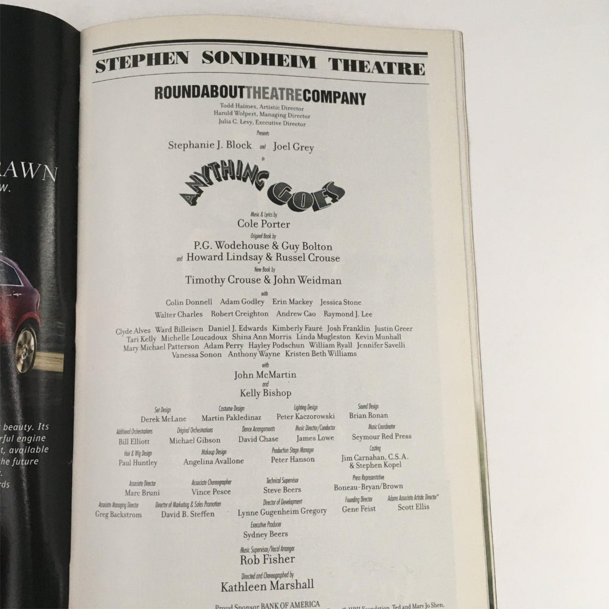 A cast list from the 2011 Playbill for 'Anything Goes' at Stephen Sondheim Theatre, detailing the performers and their roles.