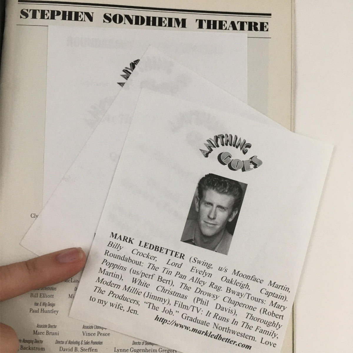 A promotional page from the 2011 Playbill for 'Anything Goes' featuring actor Mark Ledbetter, who played a role in the production.