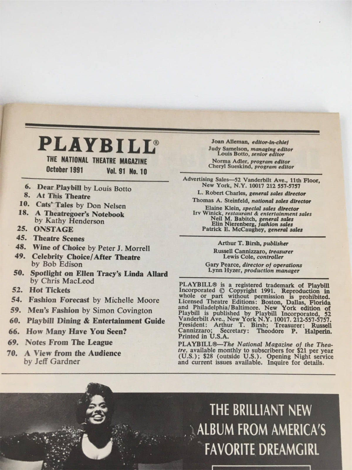 Inside cover of the 1991 Playbill for Cats Nine Forever showcasing the Playbill's editorial content and advertisements.