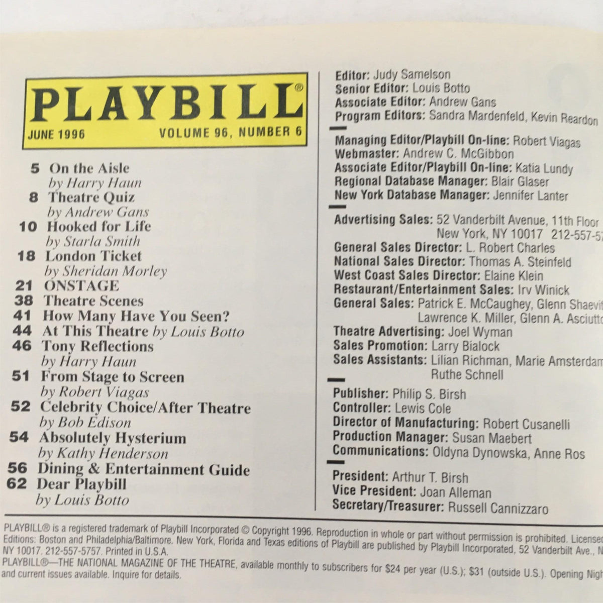 1996 Playbill for An Ideal Husband at the Ethel Barrymore Theatre, featuring articles and listings representing the June 1996 volume.