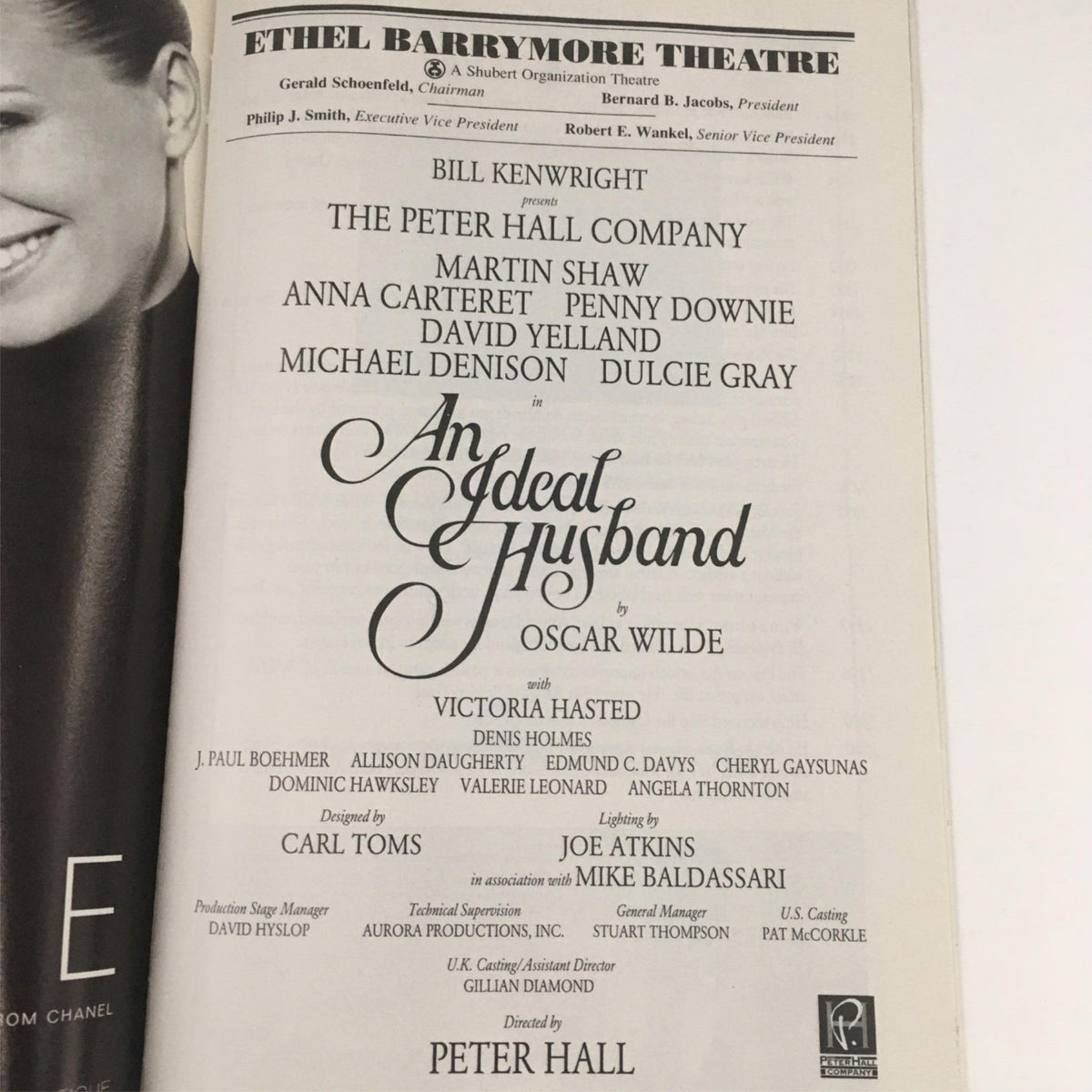 Production details and cast list of An Ideal Husband by Oscar Wilde, featured in the 1996 Playbill at the Ethel Barrymore Theatre, directed by Peter Hall.