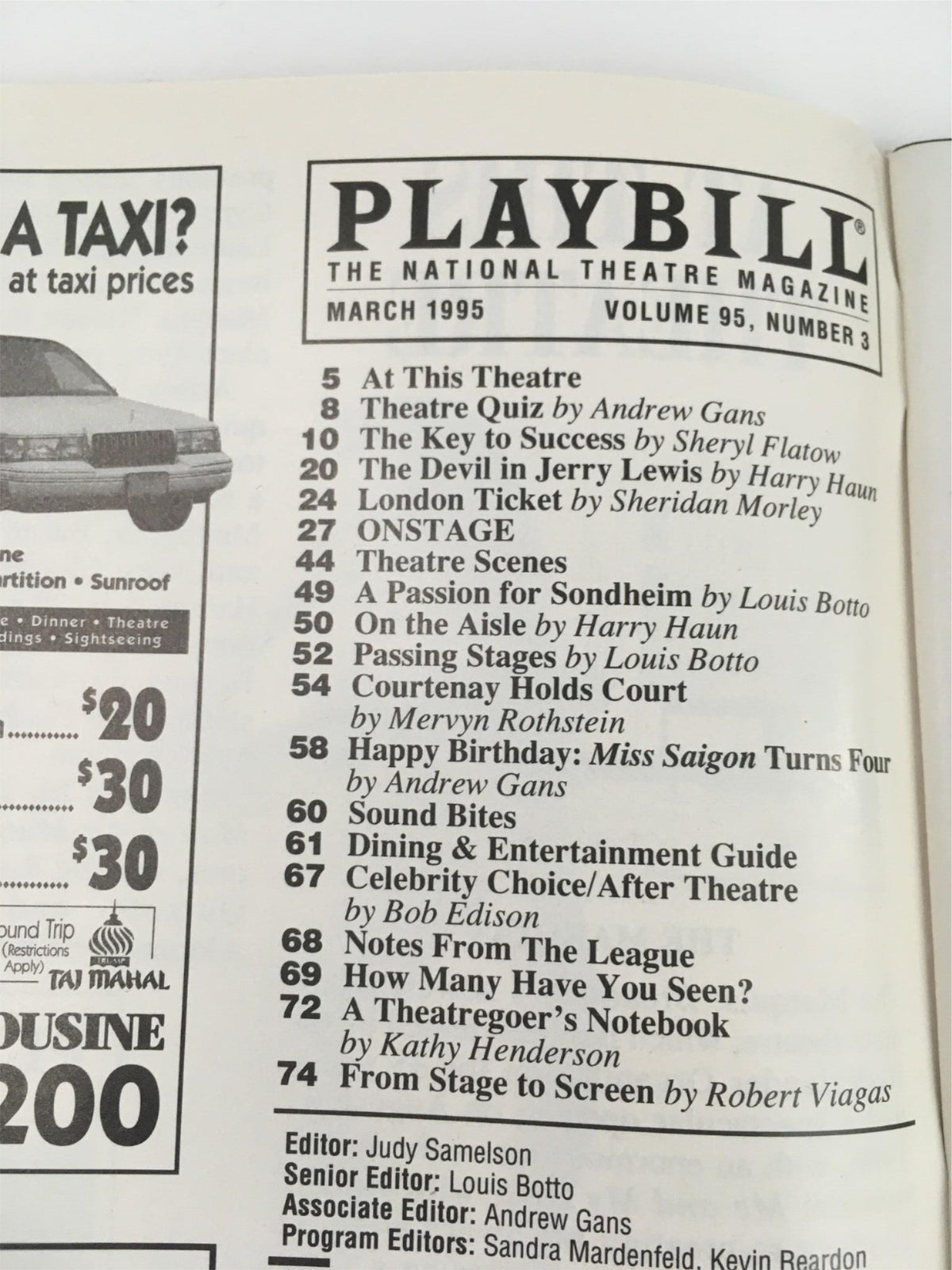 Inside page of the March 1995 Playbill, showcasing theatre-related articles and advertisements from the National Theatre Magazine.
