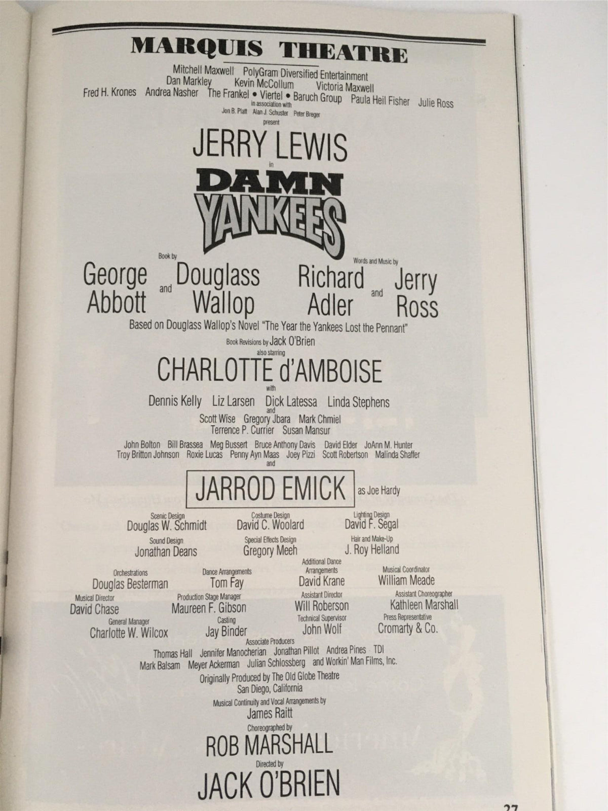 Production credits page from the Playbill for Damn Yankees at the Marquis Theatre, listing cast and creative team members led by Jack O'Brien.