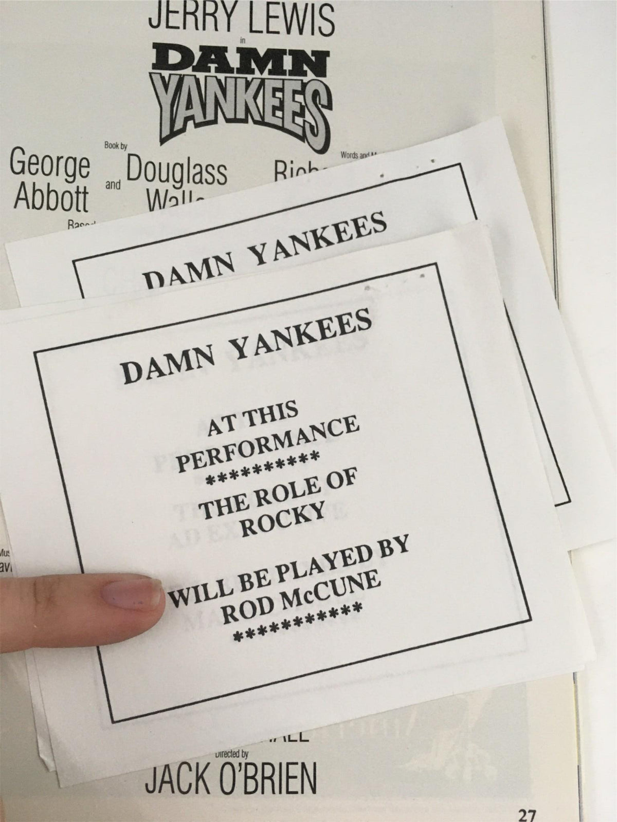 Image showing a Playbill from the 1995 musical Damn Yankees directed by Jack O'Brien, featuring performance details and cast information, ideal for theater collectors.
