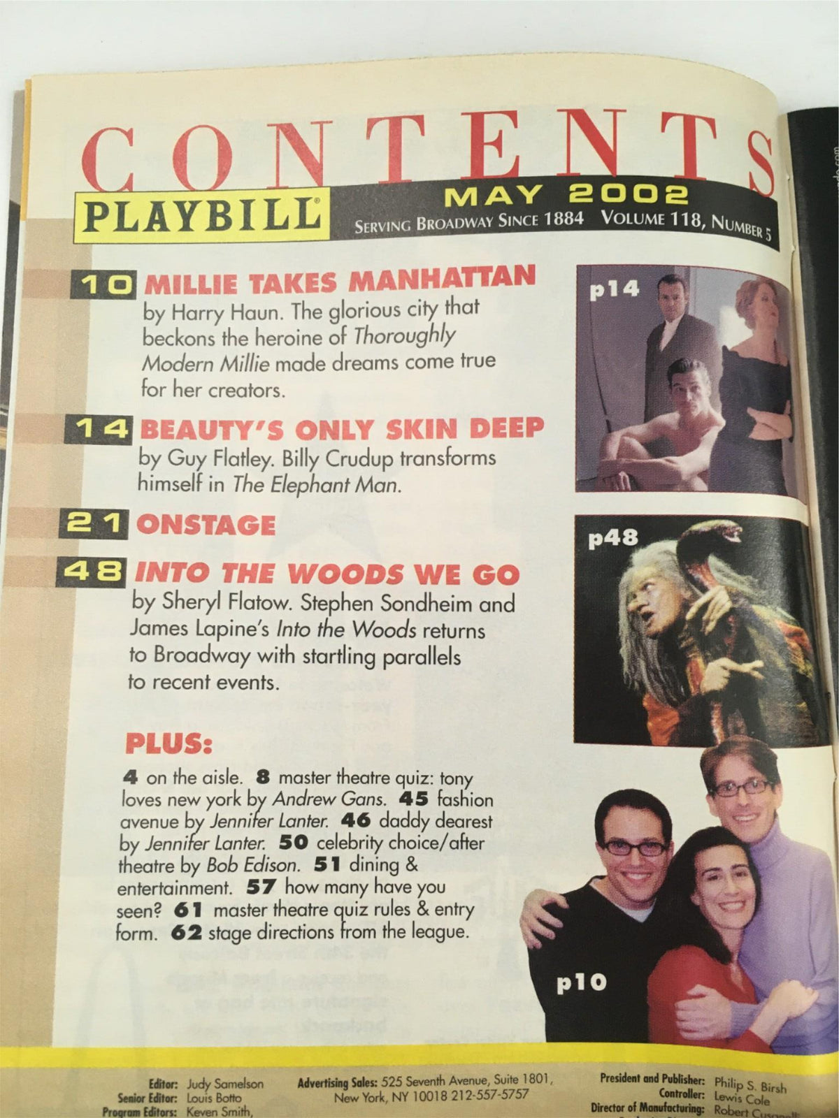 2002 Playbill for 'Private Lives' by Noel Coward showcasing the table of contents from May 2002, highlighting noteworthy Broadway productions like 'Millie Takes Manhattan' and 'Into the Woods'.