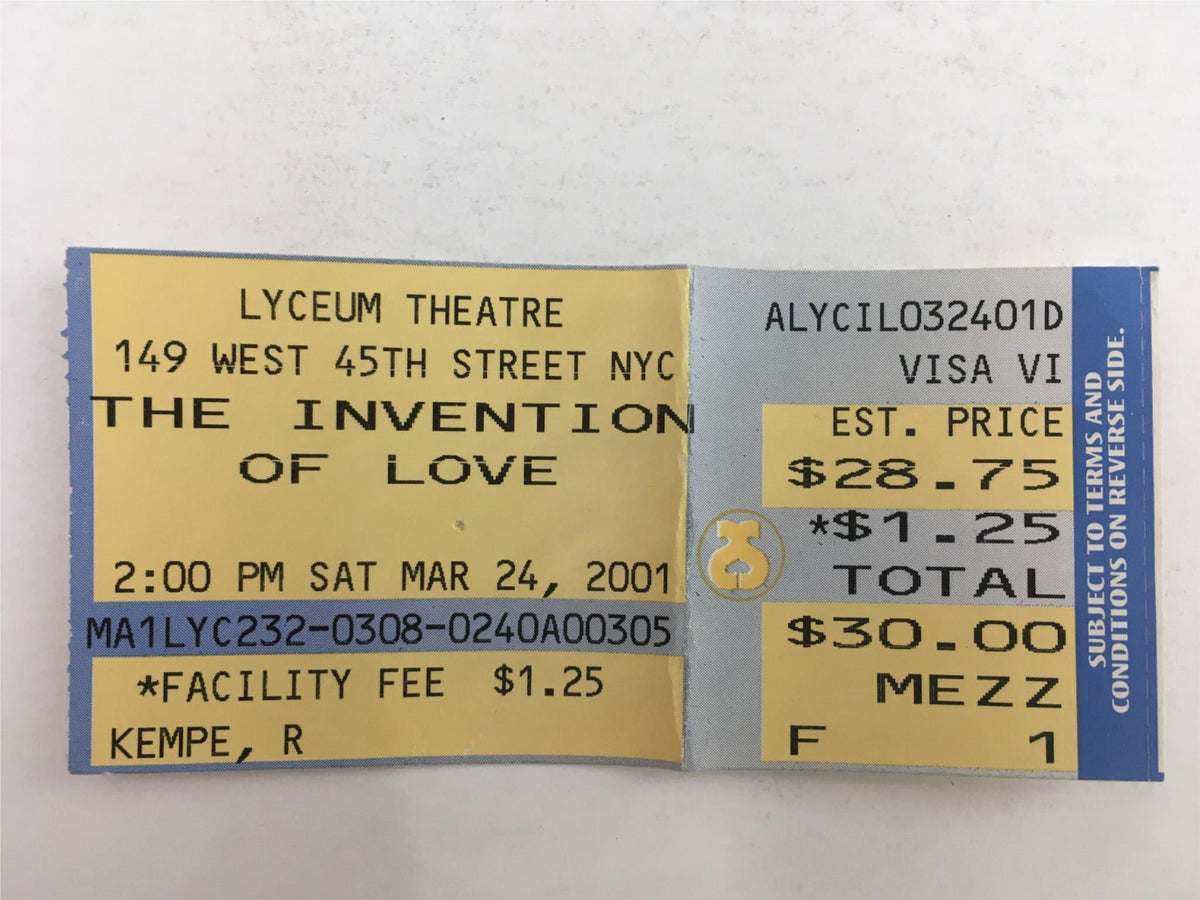 Ticket from the 2001 opening night of The Invention of Love by Tom Stoppard at Lyceum Theatre, priced at $30