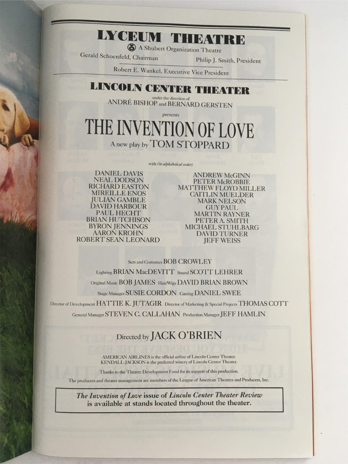 Program page for The Invention of Love by Tom Stoppard featured in the Playbill, listing cast and crew for the 2001 production at Lyceum Theatre