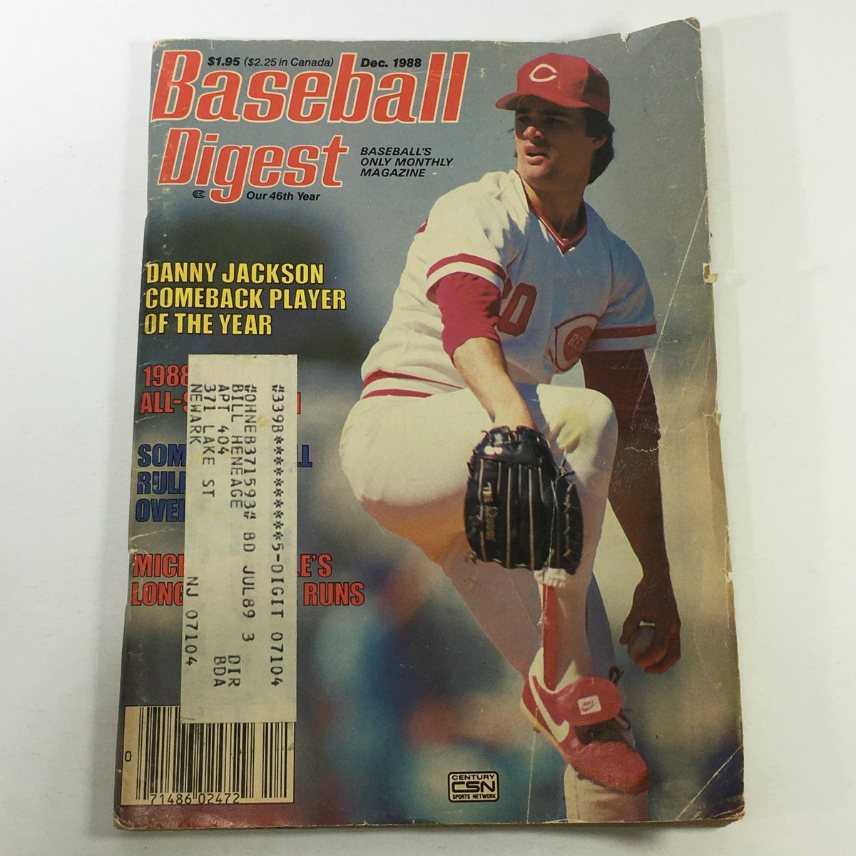 VTG Baseball Digest Magazine from December 1988 featuring Danny Jackson as the Comeback Player of the Year, showcasing an iconic cover with a vintage baseball theme and signs of wear.