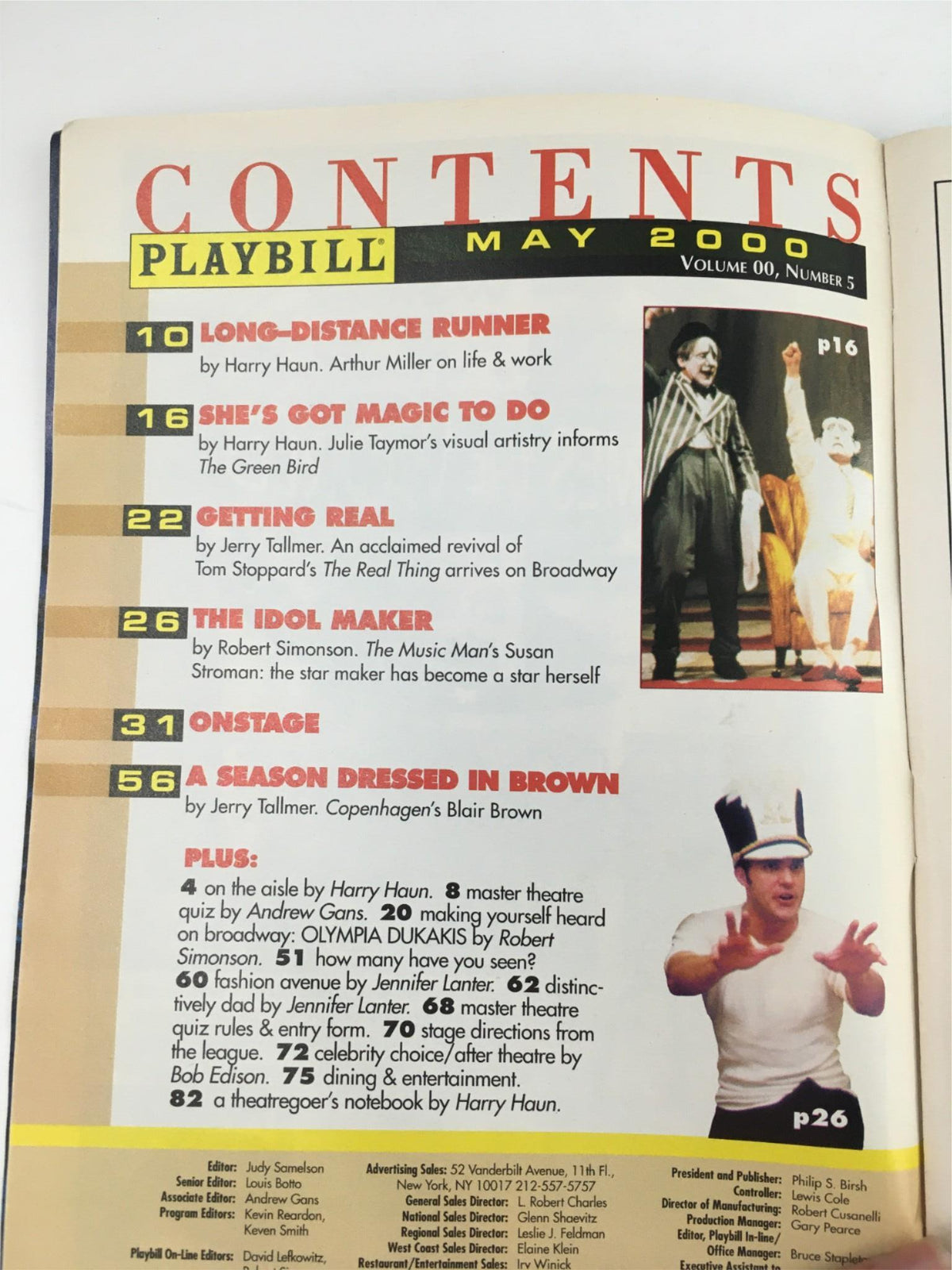 Contents page of the May 2000 Playbill, including features on Long-Distance Runner, The Idol Maker, and Onstage, with a focus on diverse theater productions.