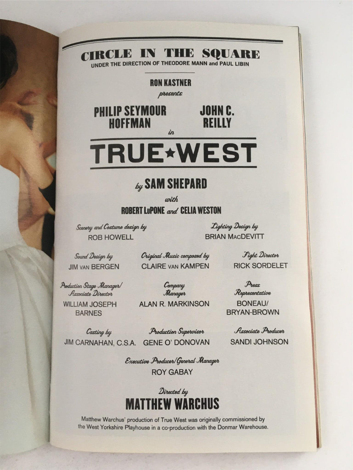 Inside page of the 2000 Playbill for True West, detailing cast members Philip Seymour Hoffman and John C. Reilly, along with production credits and creative team information.