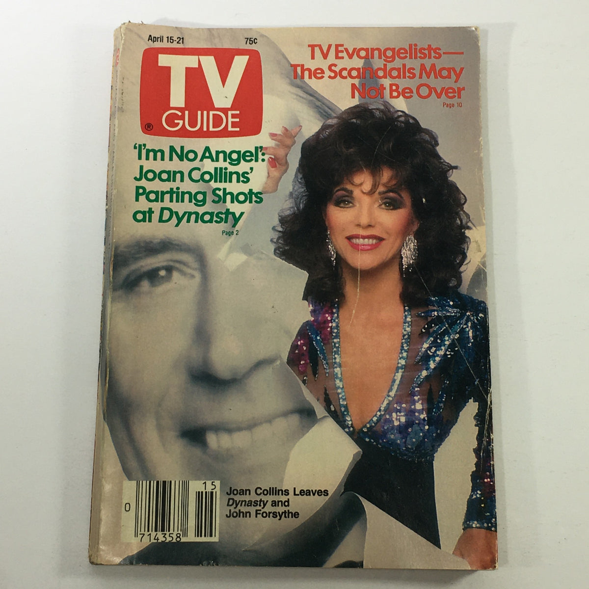 VTG TV Guide Magazine April 15-2 1989 featuring Joan Collins and John Forsythe on the cover, highlighting the iconic TV series 'Dynasty'. The magazine displays vibrant colors and graphics, encapsulating a nostalgic look back at the entertainment world of the late 1980s.