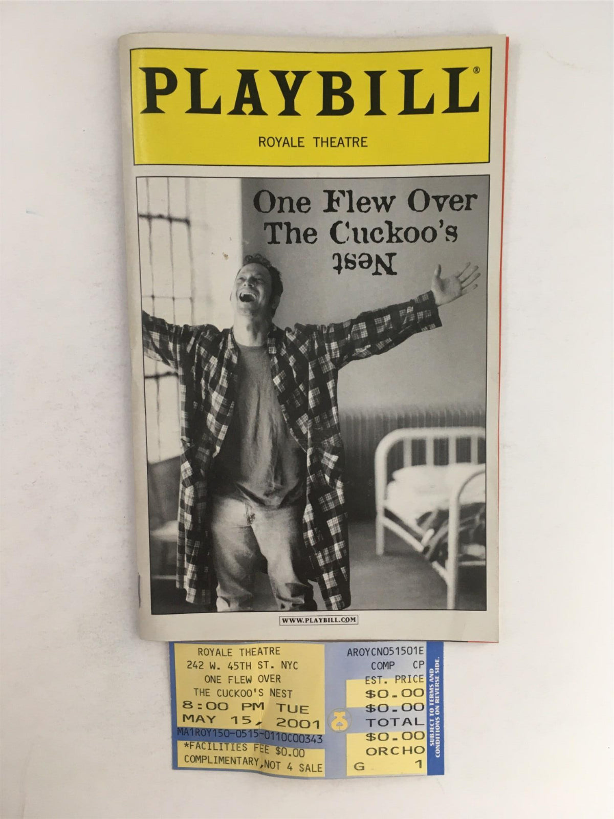 2001 Playbill for 'One Flew Over The Cuckoo's Nest' by Dale Wasserman, featuring the cover art and a character in an expressive pose at the Royale Theatre.