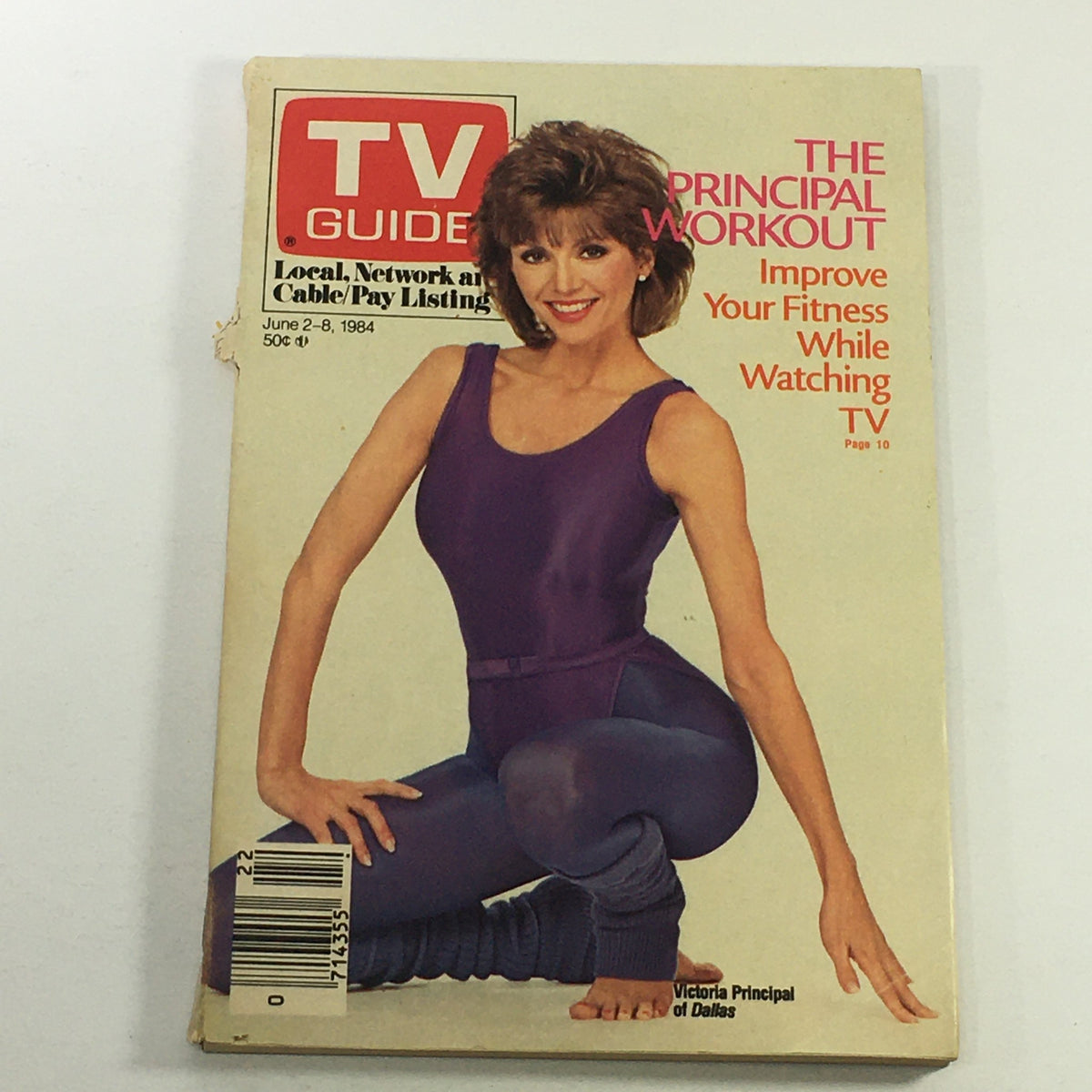 VTG TV Guide Magazine June 2-8 1984 featuring Victoria Principal on the cover, showcasing a vintage TV magazine design with a fitness theme.
