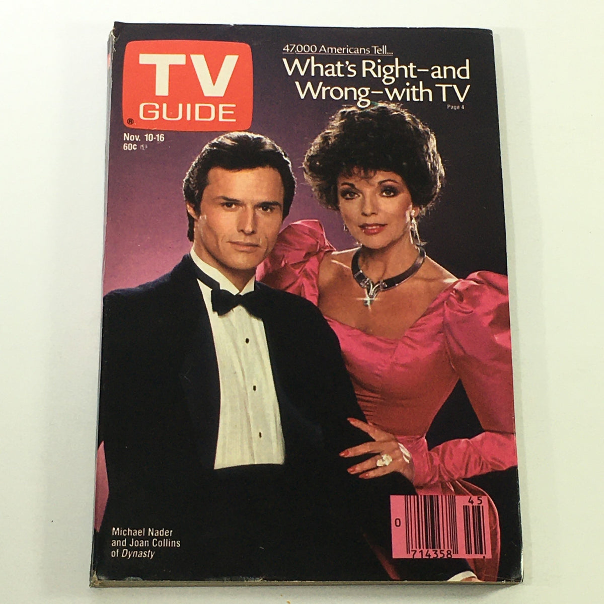 VTG TV Guide Magazine November 10-16 1984 featuring Michael Nader and Joan Collins on the cover in elegant attire, representative of 1980s prime time soap opera culture.