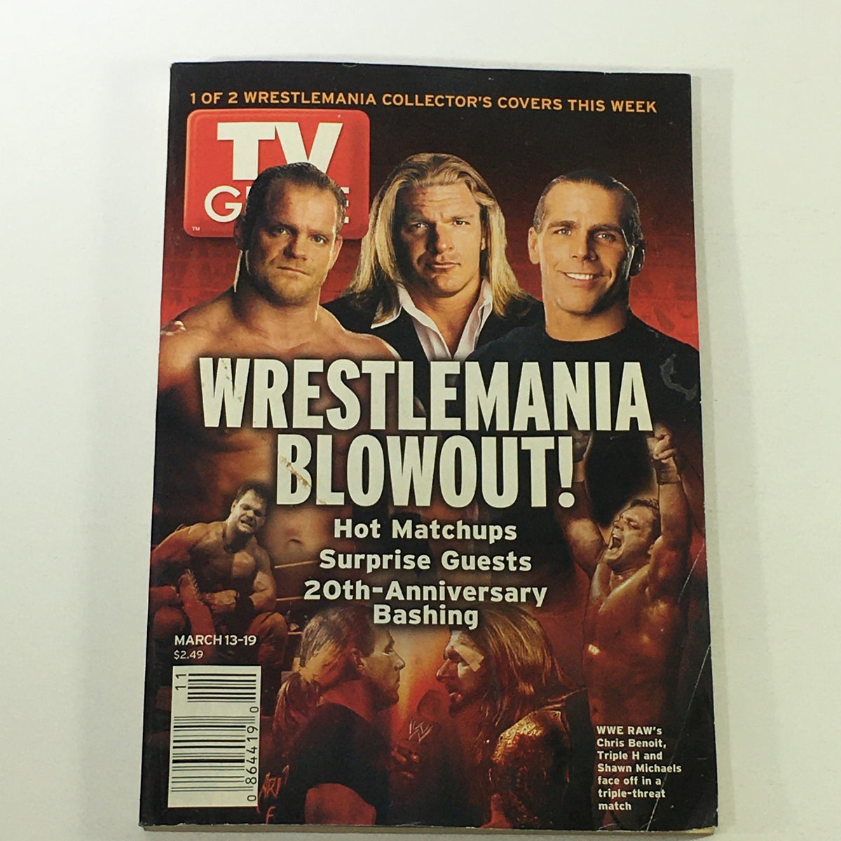 VTG TV Guide Magazine March 13-19 2004 featuring wrestling legends Chris Benoit, Triple H, and Shawn Michaels on the cover, highlighting WrestleMania matchups and surprise guests.