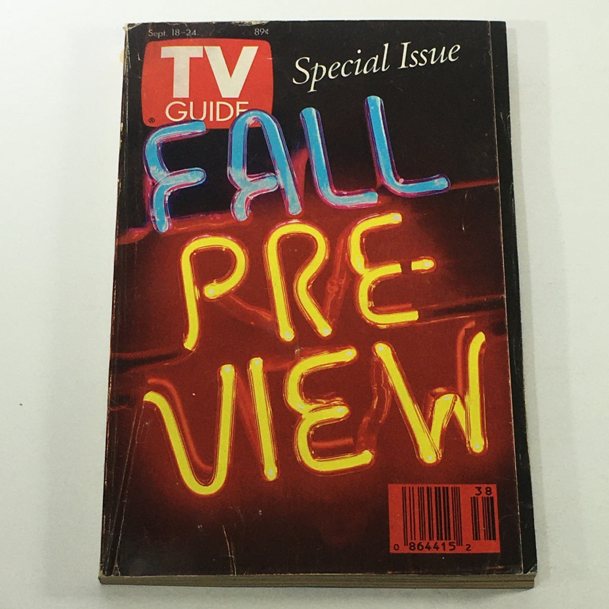 Cover of VTG TV Guide Magazine September 18-24 1993 - Special Issue Fall Preview featuring neon lettering that reads 'FALL PREVIEW'.