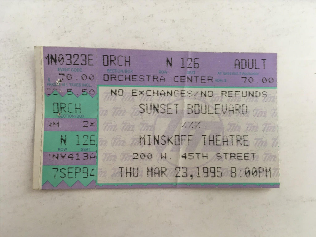 Original ticket from the 1995 performance of Sunset Boulevard at the Minskoff Theatre, dated March 23, 1995.