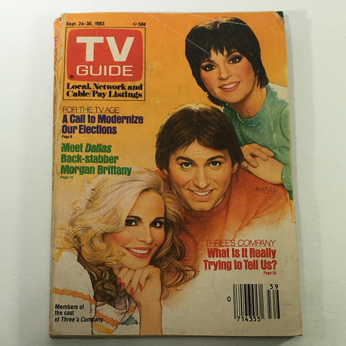 VTG TV Guide Magazine September 24-30 1983 featuring John Ritter, Joyce DeWitt, and cultural insights into 1980s television.