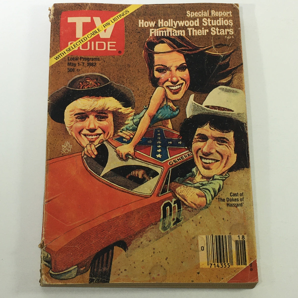 Cover of VTG TV Guide Magazine May 1-7 1982 featuring the cast of 'The Dukes of Hazzard' including Catherine Bach, John Schneider, and Tom Wopat, showcasing their iconic roles with vibrant artwork.
