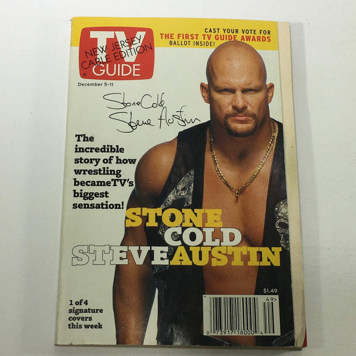 VTG TV Guide Magazine December 5-11 1998 with Stone Cold Steve Austin signature cover showcasing the wrestling icon in a bold, collectible edition from the late 90s.