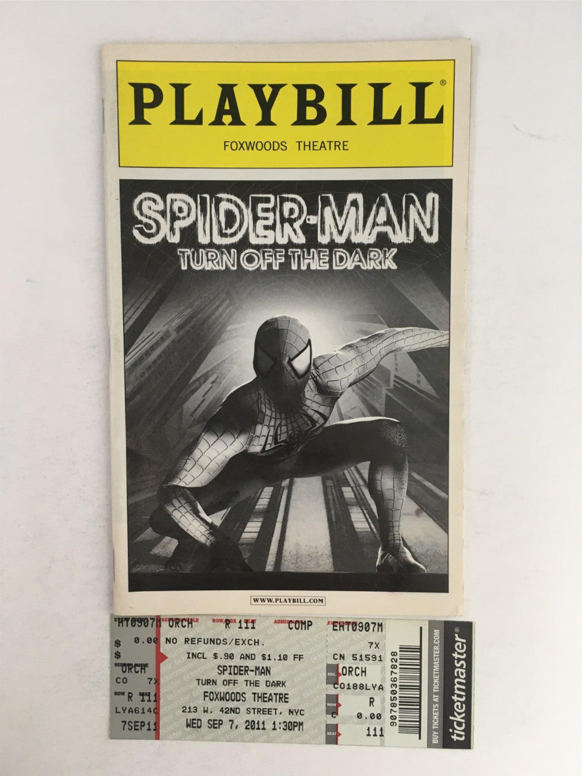 2011 Playbill Spider-Man Turn Off The Dark by Julie Taymor at Foxwoods Theatre, featuring a cover image of Spider-Man with the original ticket included.