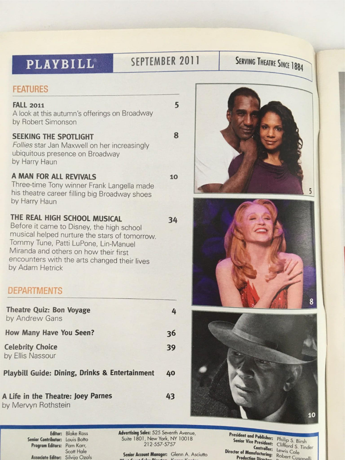 September 2011 edition of Playbill, showcasing articles about Broadway, including features on Tony winners and Theatre Quiz, related to Spider-Man Turn Off The Dark.