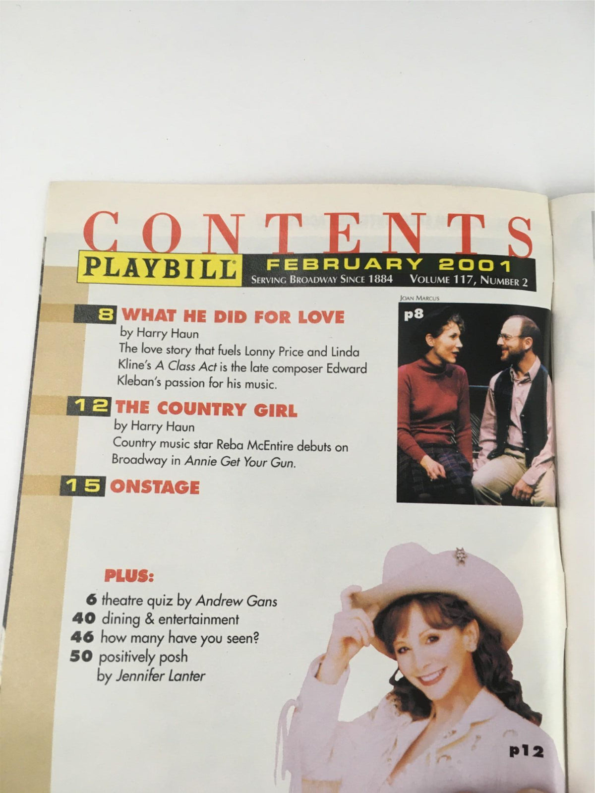 Contents page of Playbill from February 2001 featuring articles including 'What He Did for Love' and 'The Country Girl', highlighting theater culture and productions.