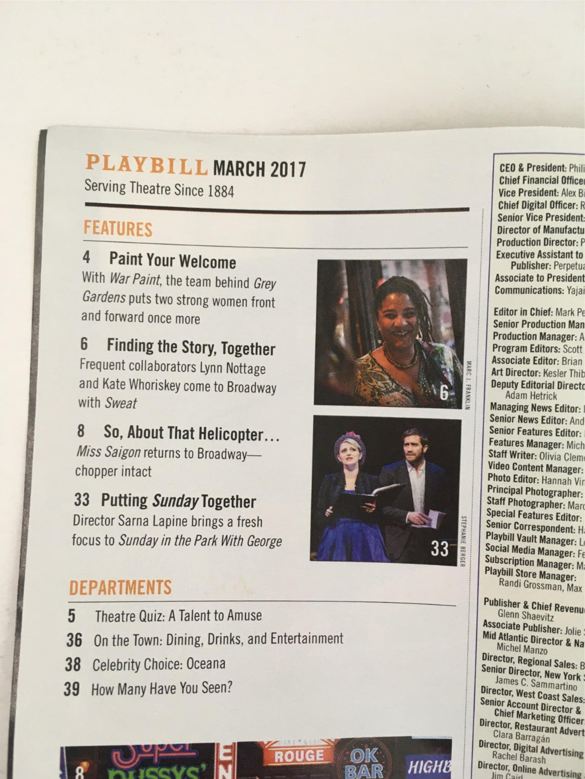 Page from the March 2017 Playbill for War Paint, highlighting articles and features about the production and its creators.