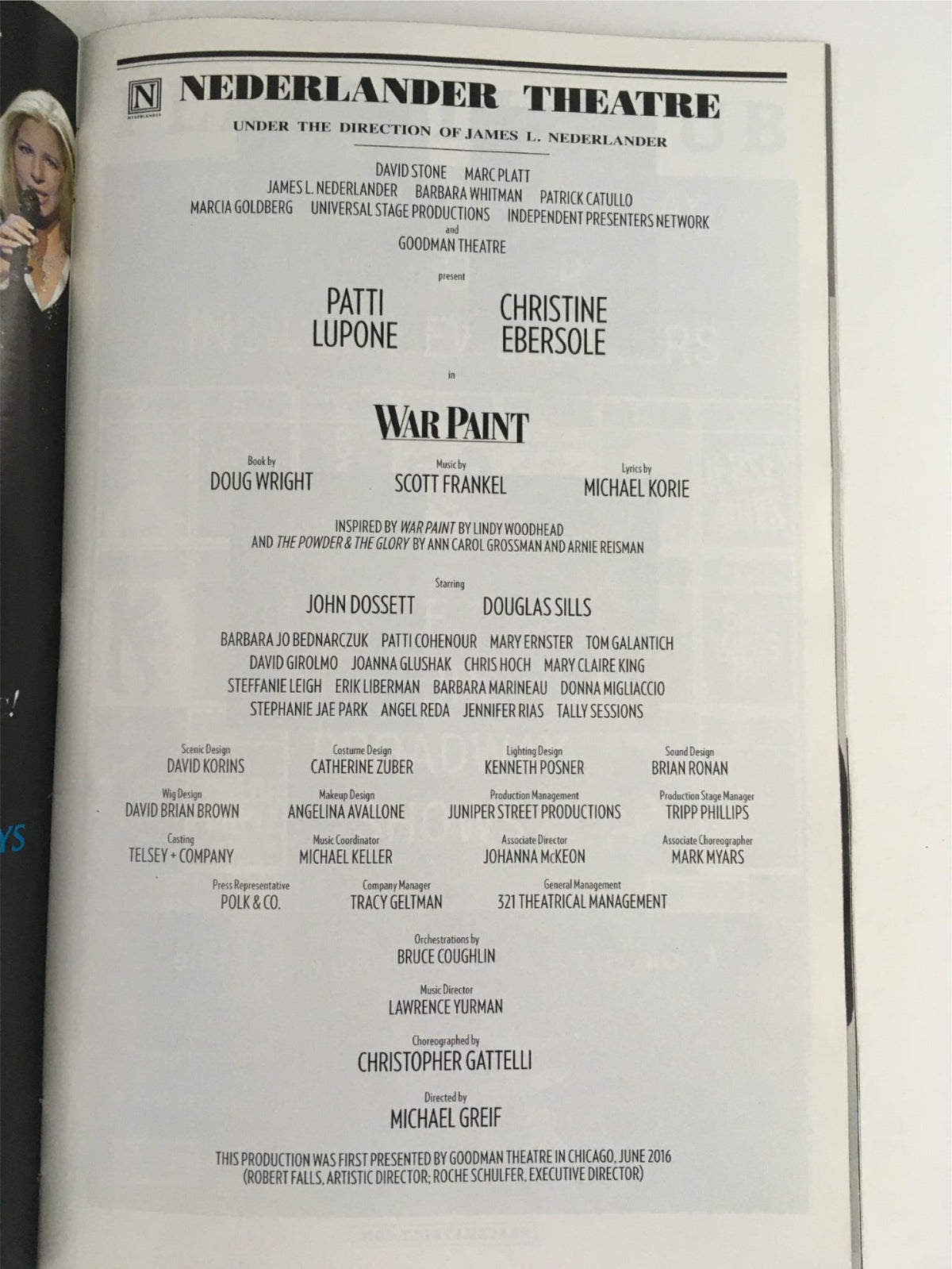 Inside page of 2017 Playbill for War Paint featuring cast names including Patti LuPone and Christine Ebersole, directed by Michael Greif.