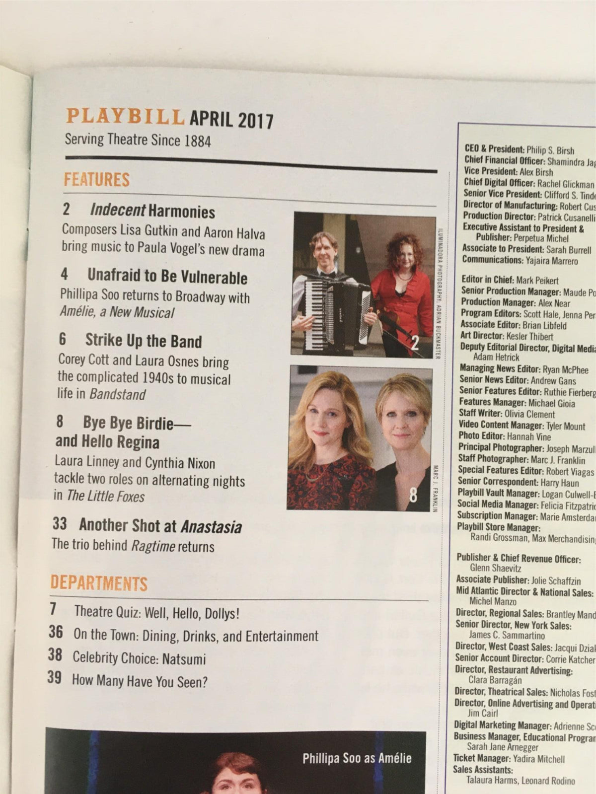 Interior page of the April 2017 Playbill, showcasing features and highlights in Broadway, including The Great Comet 1812 by Dave Malloy.