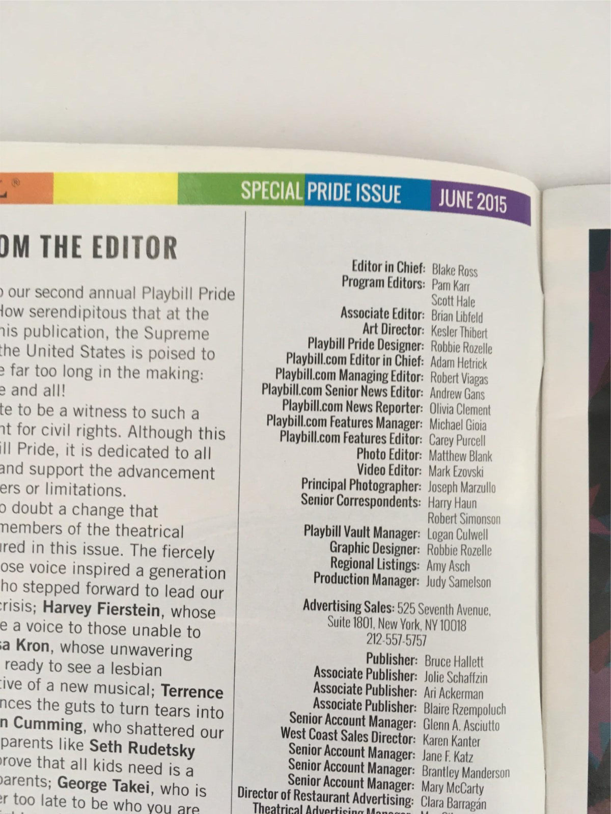 2016 Playbill Kinky Boots by Cyndi Lauper, showcasing the special section editor credits and contributors within the publication.