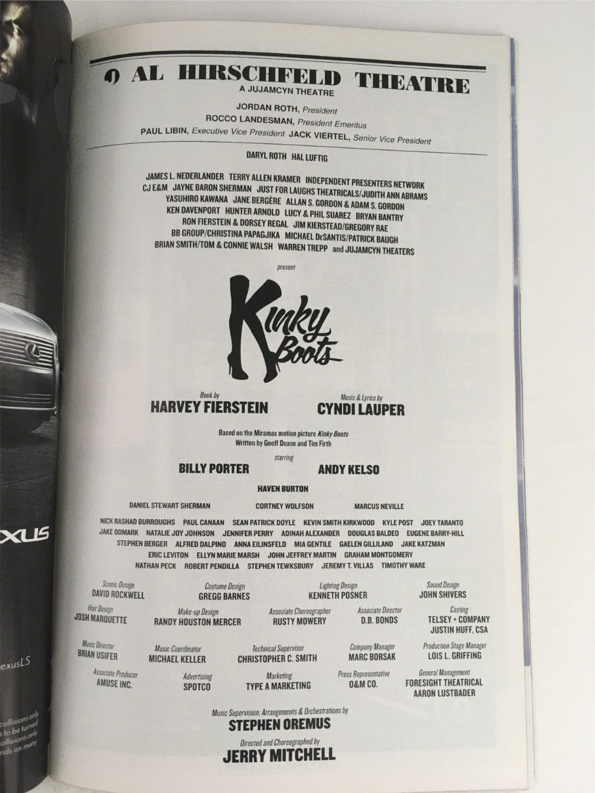 2016 Playbill Kinky Boots by Cyndi Lauper, featuring the listing of cast and crew at the Al Hirschfeld Theatre.