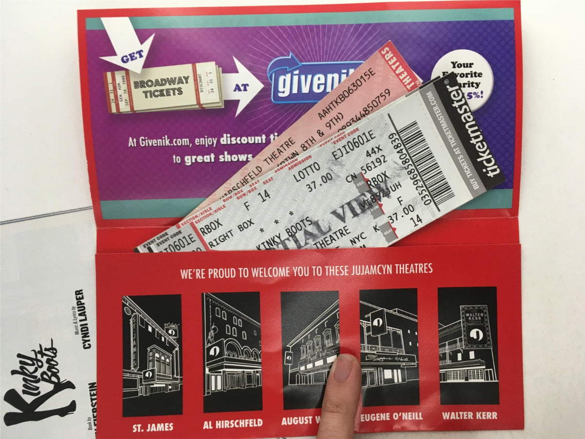 2016 Playbill Kinky Boots by Cyndi Lauper, displaying promotional materials for the show including ticket stubs and theatre graphics.