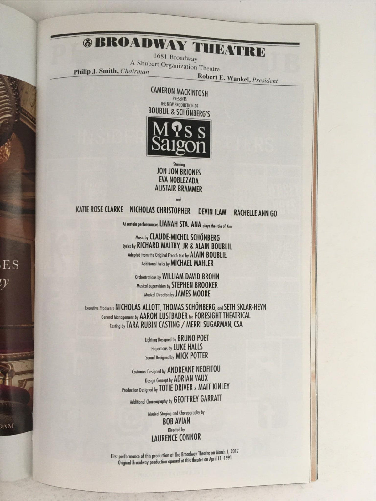 Inside page of the 2017 Playbill for Miss Saigon by Bob Avain, showcasing the cast and crew details at the Broadway Theatre.