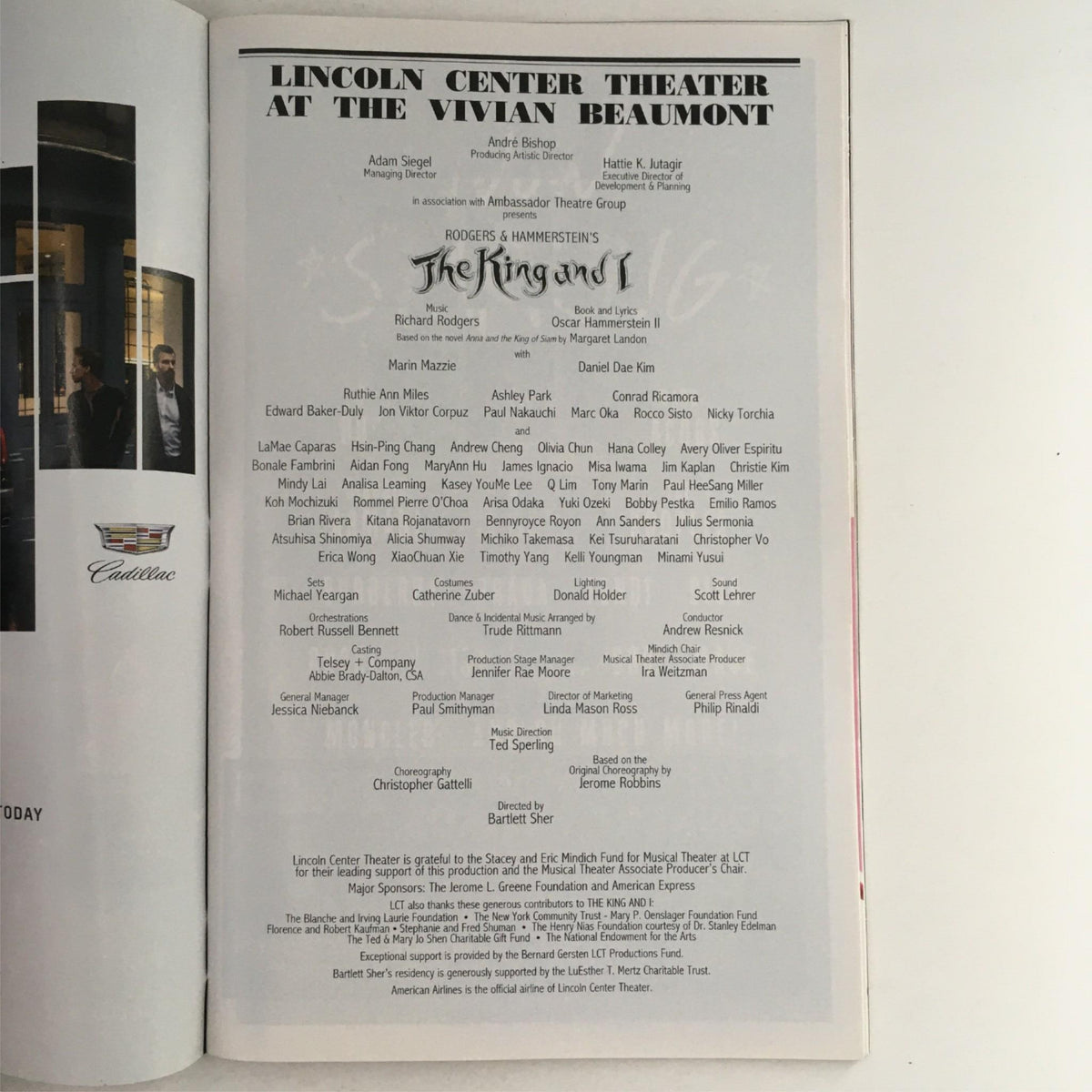 Back page of the 2016 Playbill for The King and I displaying the cast list and creative team involved in the production at Lincoln Center Theater.