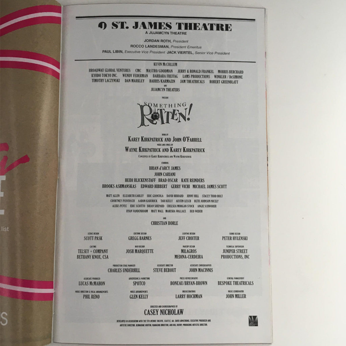 2015 Playbill Something Rotten, displaying the back cover details, including cast and production credits for the show.