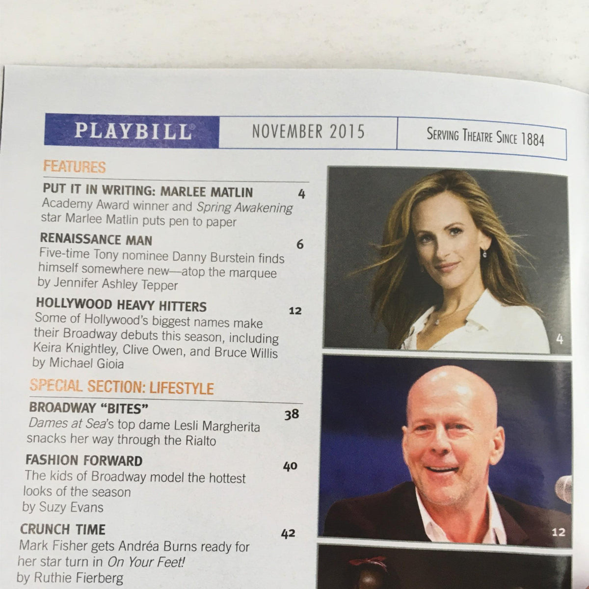 Inside the November 2015 Playbill, showcasing features including Marlee Matlin and Broadway highlights, related to the Hamilton musical, originally created by Lin-Manuel Miranda.